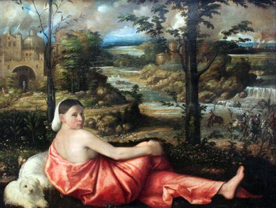 Bildnis einer ruhenden jungen Frau in einer Landschaft von Giovanni de Busi Cariani